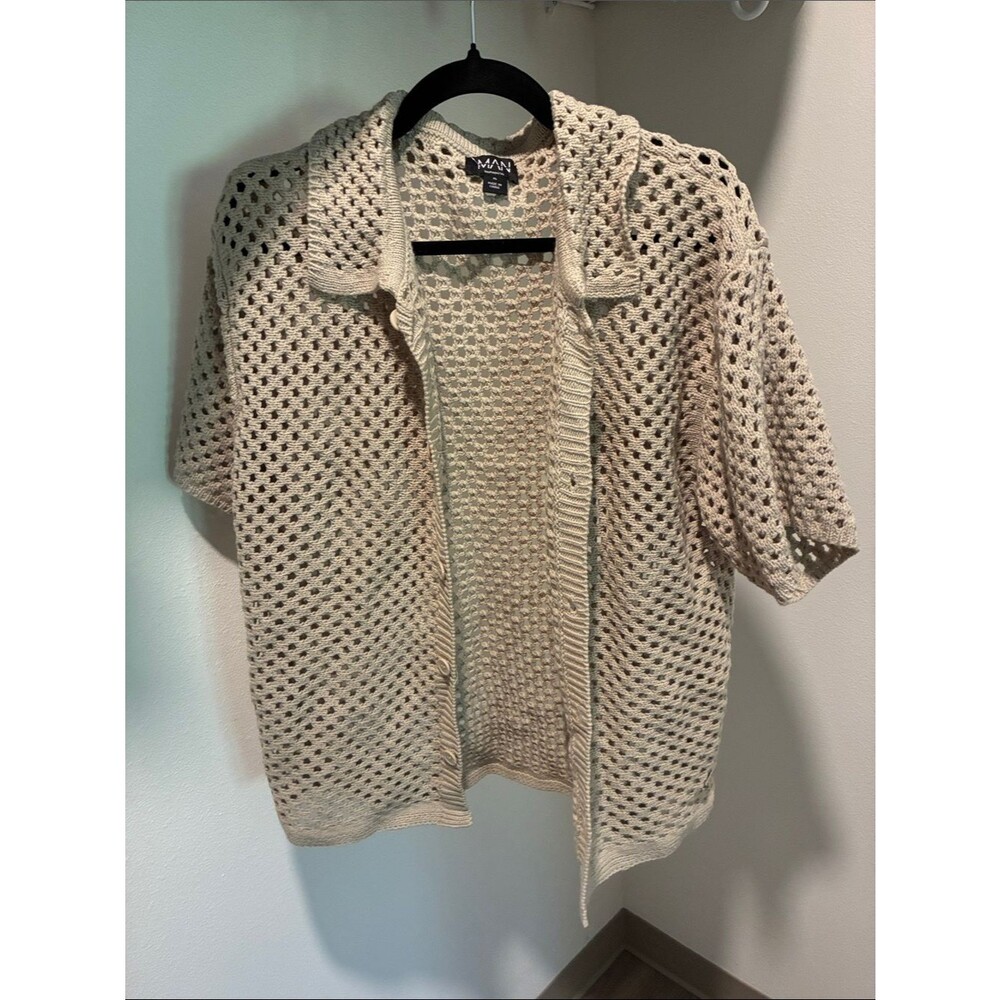 boohooMAN Cream Crochet Open Knit Button Shirt XL